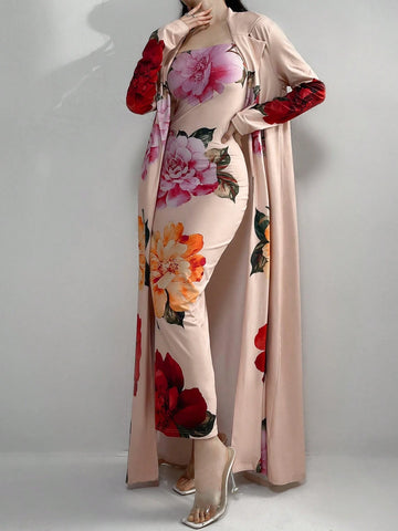 Women Spring/Summer Floral Print Collarless Long Sleeve Open Front Jacket And Cami Dress, Simple And Elegant Two-Piece Set