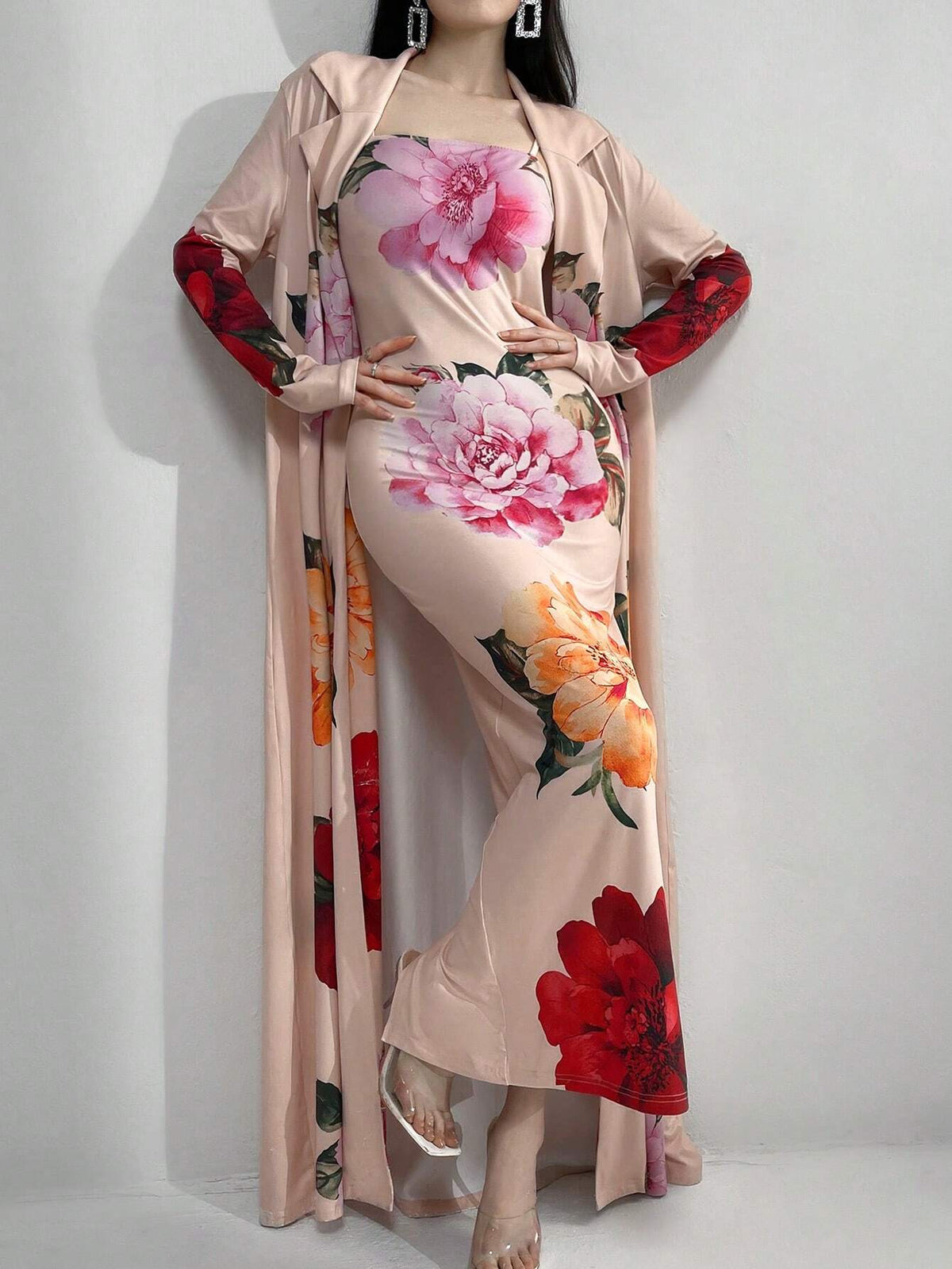 Women Spring/Summer Floral Print Collarless Long Sleeve Open Front Jacket And Cami Dress, Simple And Elegant Two-Piece Set