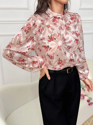 Modely Women Spring/Summer Floral Print Stand Collar Lantern Sleeve Loose Elegant Shirt