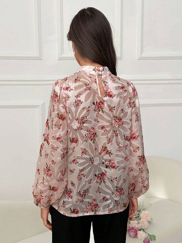Modely Women Spring/Summer Floral Print Stand Collar Lantern Sleeve Loose Elegant Shirt