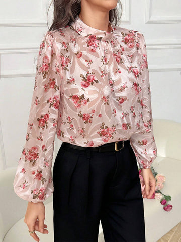 Modely Women Spring/Summer Floral Print Stand Collar Lantern Sleeve Loose Elegant Shirt