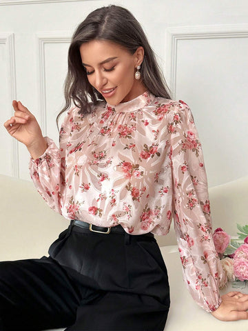 Modely Women Spring/Summer Floral Print Stand Collar Lantern Sleeve Loose Elegant Shirt