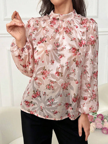 Modely Women Spring/Summer Floral Print Stand Collar Lantern Sleeve Loose Elegant Shirt