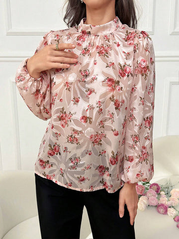 Modely Women Spring/Summer Floral Print Stand Collar Lantern Sleeve Loose Elegant Shirt