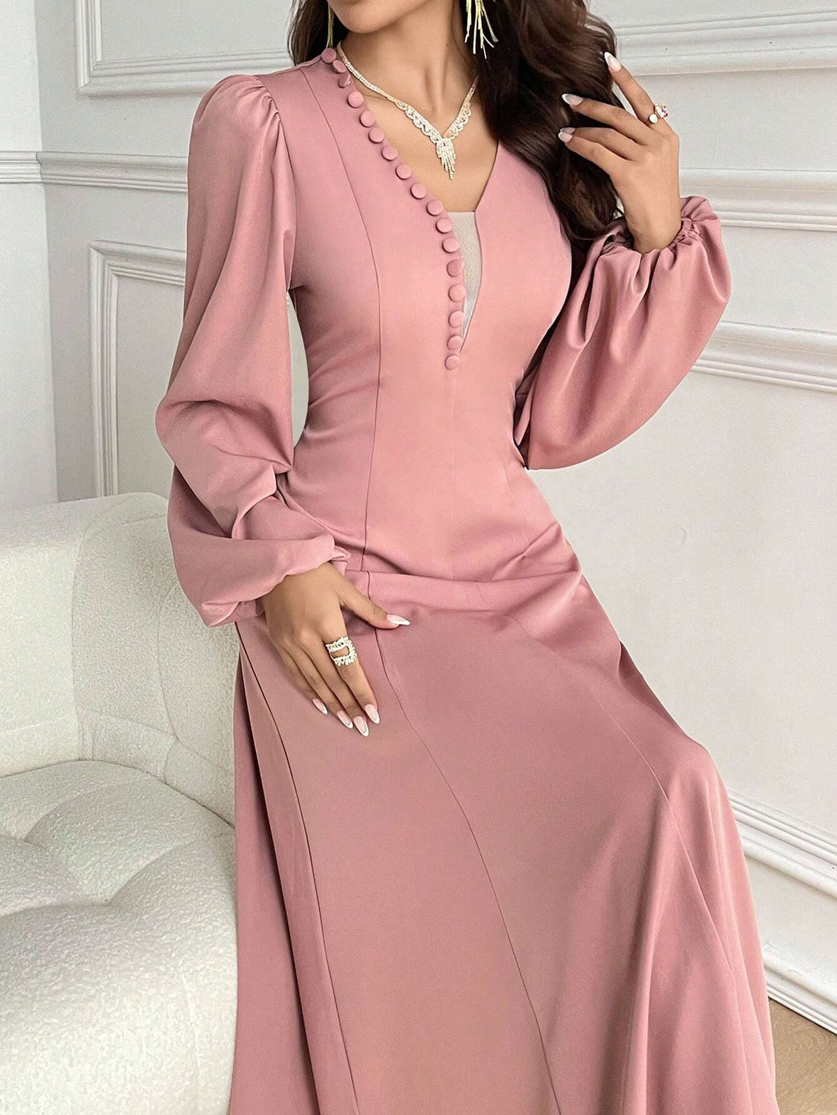 Women Spring Autumn Elegant Solid Color Lantern Sleeve Dress