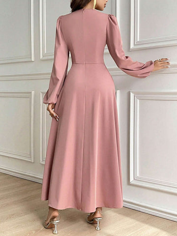 Women Spring Autumn Elegant Solid Color Lantern Sleeve Dress