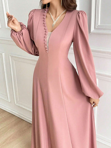 Women Spring Autumn Elegant Solid Color Lantern Sleeve Dress