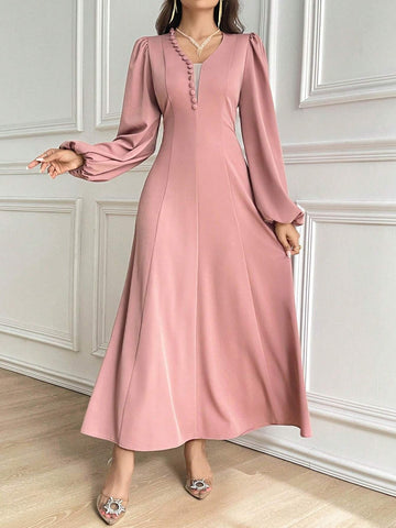 Women Spring Autumn Elegant Solid Color Lantern Sleeve Dress