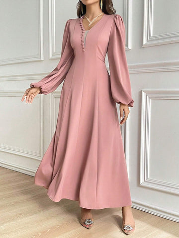 Women Spring Autumn Elegant Solid Color Lantern Sleeve Dress