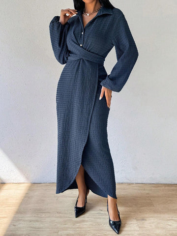 Women Spring Autumn Solid Color Lantern Sleeve Belted Cross Front Slit Hem Elegant Dress