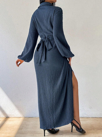 Women Spring Autumn Solid Color Lantern Sleeve Belted Cross Front Slit Hem Elegant Dress