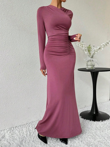Women Spring Autumn Solid V-Neck Long Sleeve Pleated Maxi Slim Dress