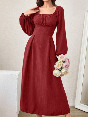 Women Spring Square Collar Casual Dress With Waistband And Lantern Sleeve