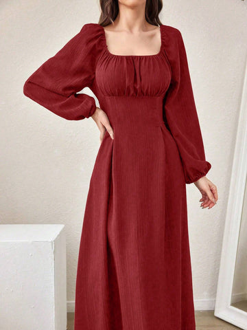 Women Spring Square Collar Casual Dress With Waistband And Lantern Sleeve