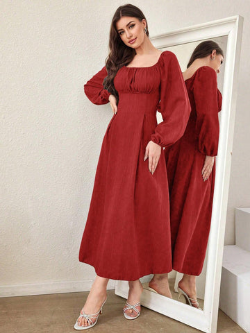 Women Spring Square Collar Casual Dress With Waistband And Lantern Sleeve