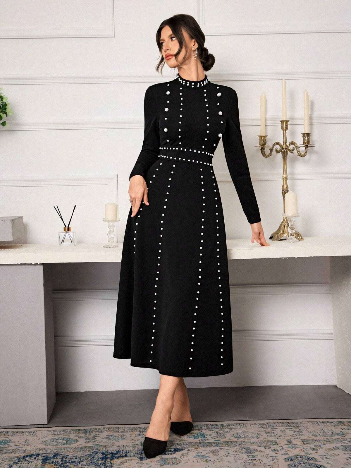Women Stand Collar Long Sleeve Minimalist Dress, Casual For Everyday Wear