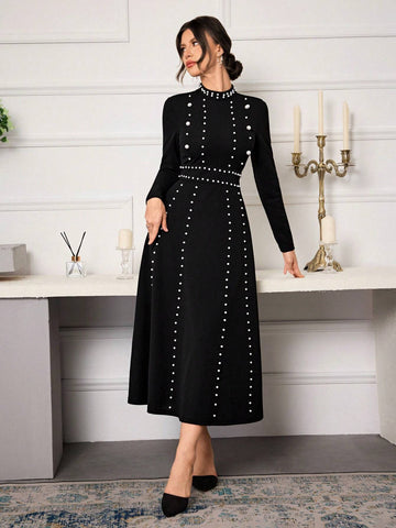 Women Stand Collar Long Sleeve Minimalist Dress, Casual For Everyday Wear