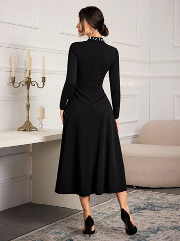 Women Stand Collar Long Sleeve Minimalist Dress, Casual For Everyday Wear