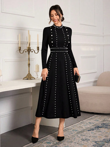 Women Stand Collar Long Sleeve Minimalist Dress, Casual For Everyday Wear