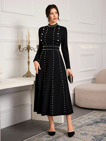 Women Stand Collar Long Sleeve Minimalist Dress, Casual For Everyday Wear