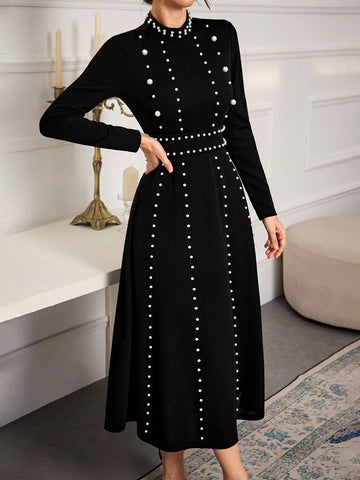 Women Stand Collar Long Sleeve Minimalist Dress, Casual For Everyday Wear