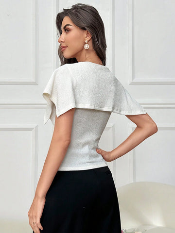 Modely Women Summer Casual Solid Color Texture Large Lapel Slim Fit T-Shirt