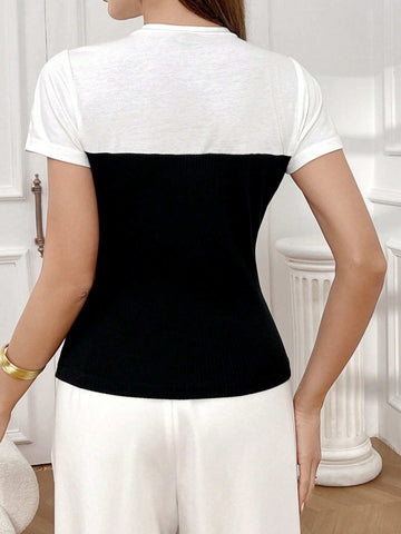 Modely Women Summer Color Block Stand Collar Short Sleeve Casual Fashion T-Shirt