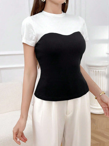 Modely Women Summer Color Block Stand Collar Short Sleeve Casual Fashion T-Shirt