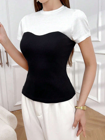 Modely Women Summer Color Block Stand Collar Short Sleeve Casual Fashion T-Shirt