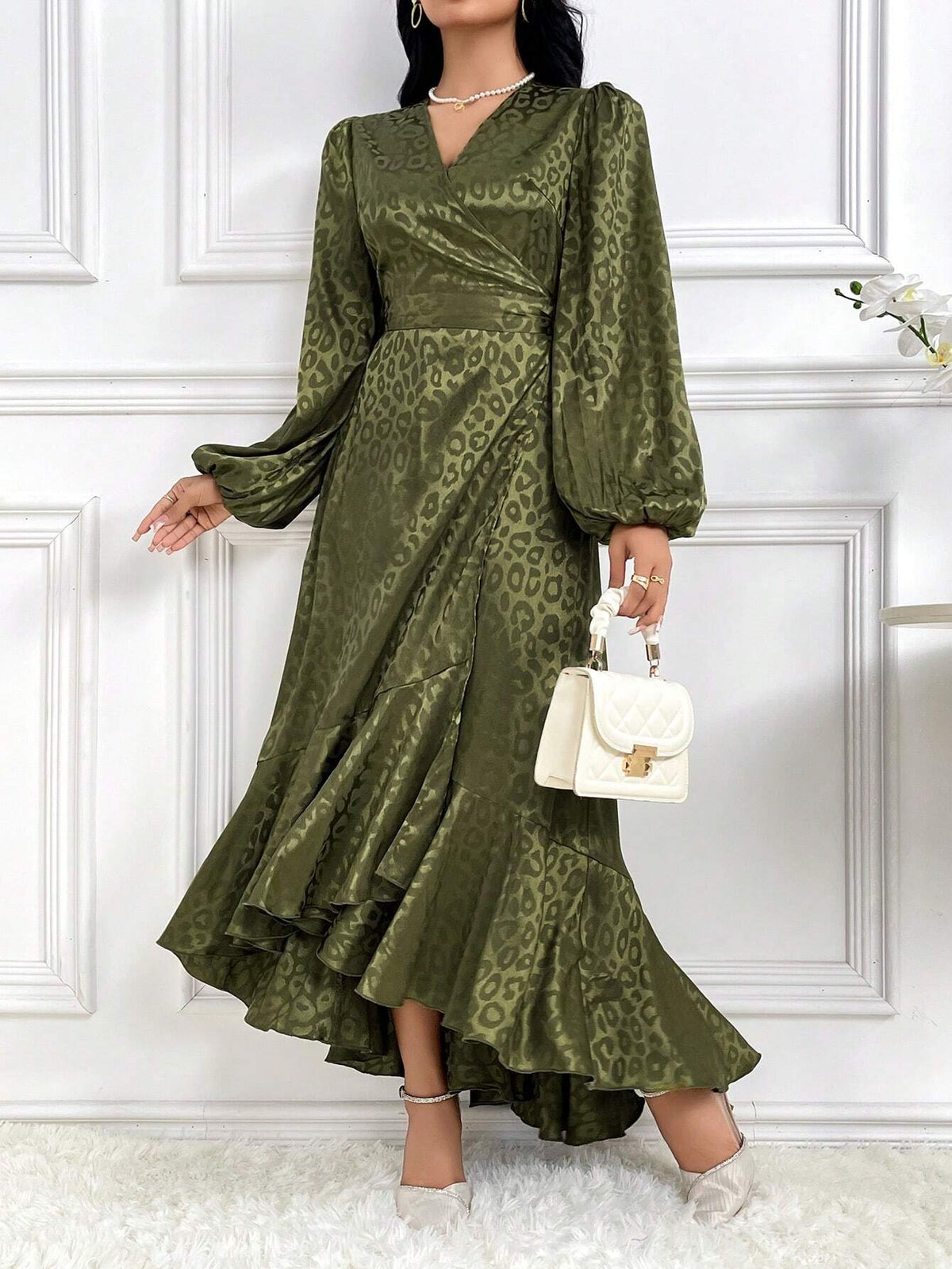 Women V-Neck Long Sleeve Leopard Print Simple Long Dress For Casual Vacation