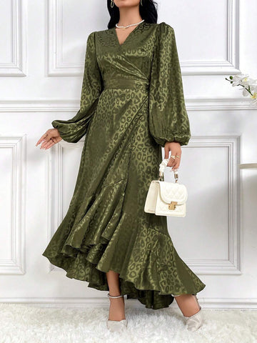 Women V-Neck Long Sleeve Leopard Print Simple Long Dress For Casual Vacation