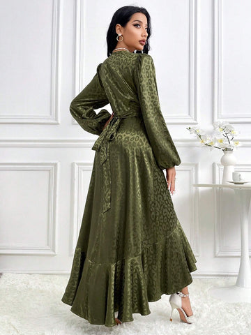 Women V-Neck Long Sleeve Leopard Print Simple Long Dress For Casual Vacation