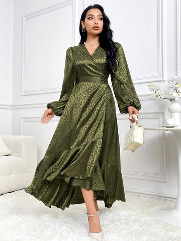 Women V-Neck Long Sleeve Leopard Print Simple Long Dress For Casual Vacation