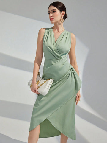 Women V-Neck Solid Color Sleeveless Pleated Wrap Overlap Banquet Party Dress