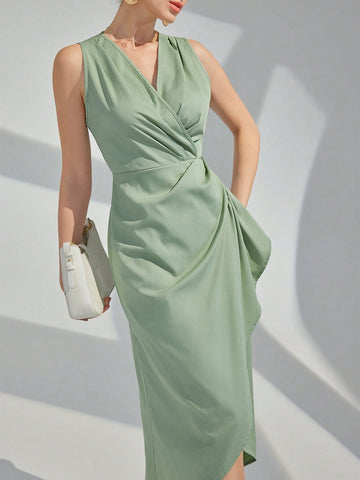 Women V-Neck Solid Color Sleeveless Pleated Wrap Overlap Banquet Party Dress