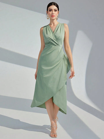 Women V-Neck Solid Color Sleeveless Pleated Wrap Overlap Banquet Party Dress