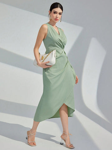 Women V-Neck Solid Color Sleeveless Pleated Wrap Overlap Banquet Party Dress