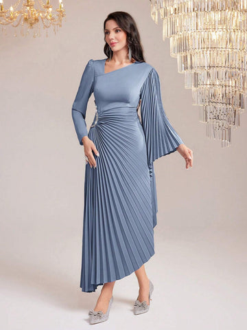 Women's Asymmetrical Neck Ruffle Hem Flared Sleeves Dress