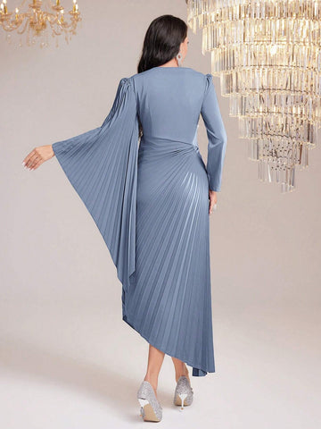 Women's Asymmetrical Neck Ruffle Hem Flared Sleeves Dress