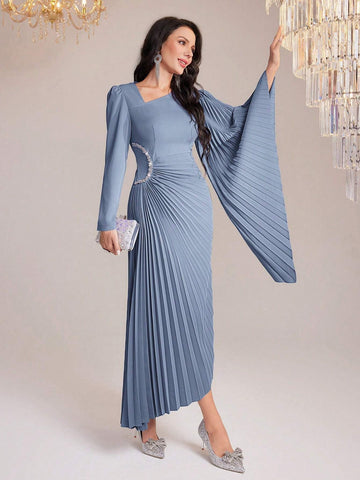 Women's Asymmetrical Neck Ruffle Hem Flared Sleeves Dress