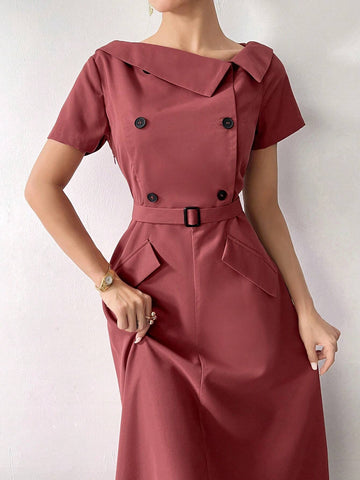 Women's Asymmetrical Neckline Short Sleeve Button Waistband Elegant And Charming Dress