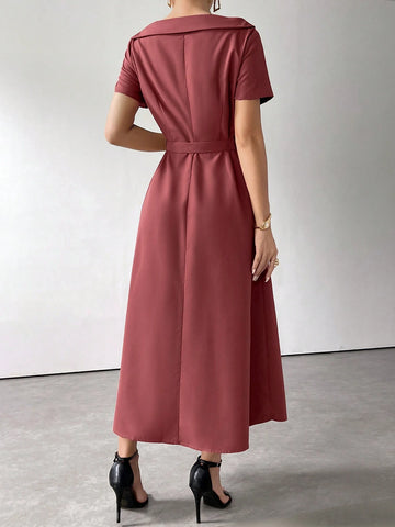 Women's Asymmetrical Neckline Short Sleeve Button Waistband Elegant And Charming Dress
