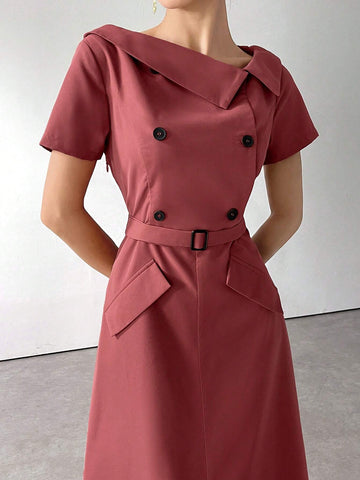 Women's Asymmetrical Neckline Short Sleeve Button Waistband Elegant And Charming Dress