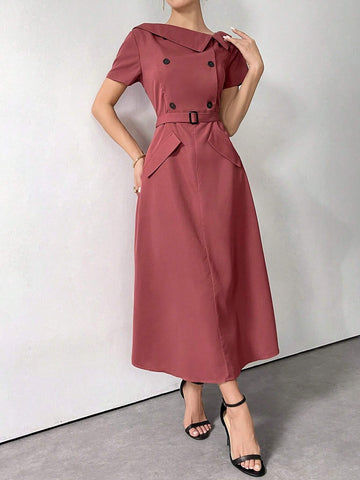 Women's Asymmetrical Neckline Short Sleeve Button Waistband Elegant And Charming Dress