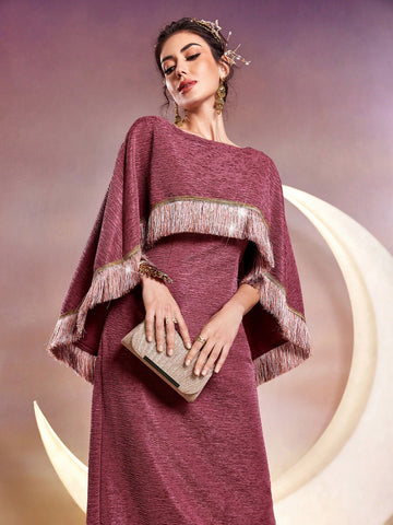 Women's Boat Neck Fringed Slit Dress