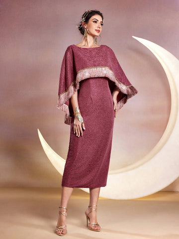 Women's Boat Neck Fringed Slit Dress