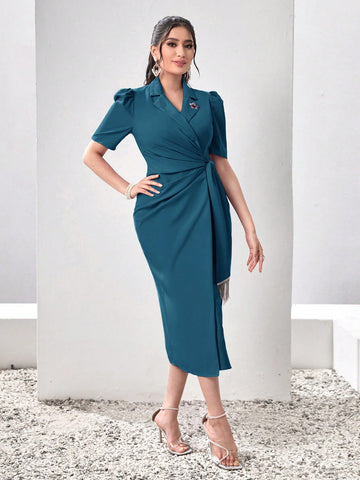 Women's Boat Neck Short Puff Sleeve Waist Knot Dress