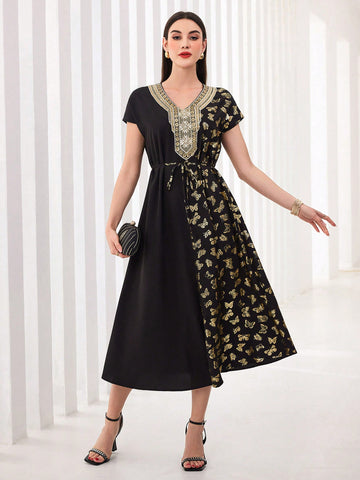 Modely Women's Butterfly Printed Patchwork Dress