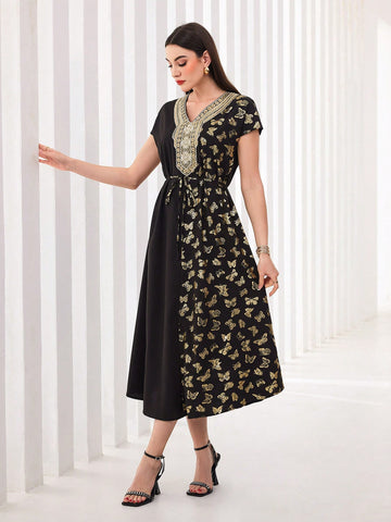 Modely Women's Butterfly Printed Patchwork Dress
