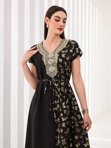 Modely Women's Butterfly Printed Patchwork Dress